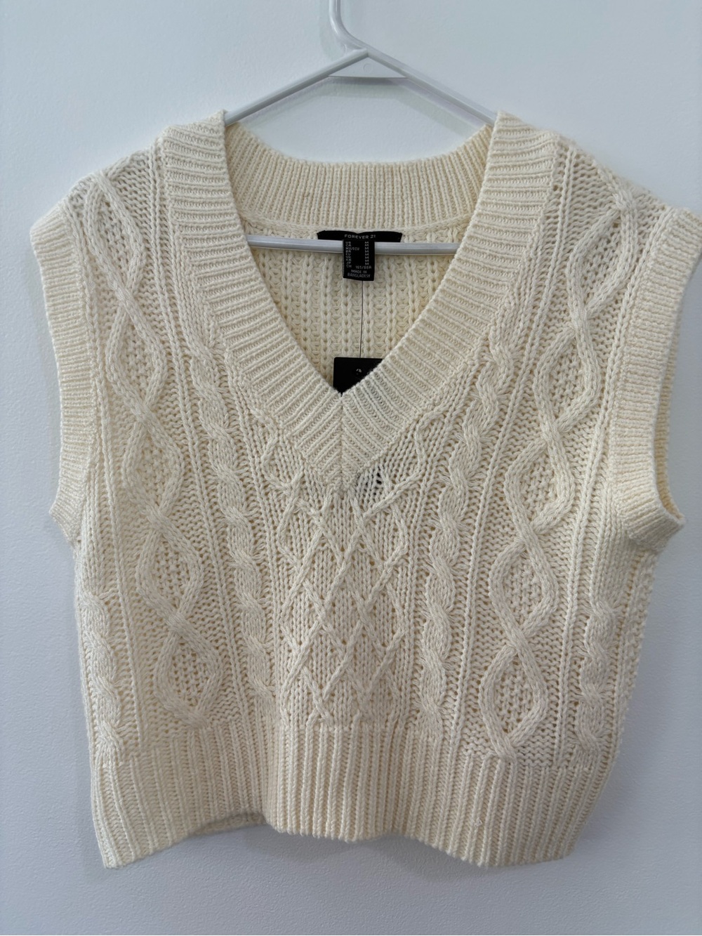 Forever 21 Cream Cable Knit V-Neck Sweater Vest